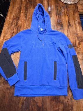American Eagle Sweatshirt mens XS Blue Spell out Elbow Patches Hoodie Fleece